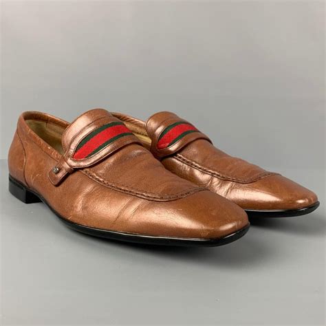 vintage gucci slip on shoes with tan stripe|Vintage GUCCI Size 7.5 Tan Green Red Slip On Loafers .